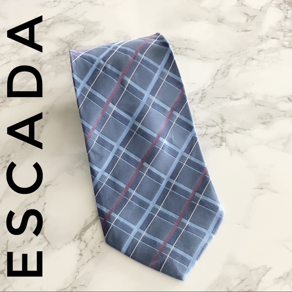 Escada Striped Checks Pastel Blue Pink Silk Tie